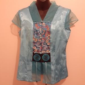 Sky Blue Asian Satin Top. Size Medium